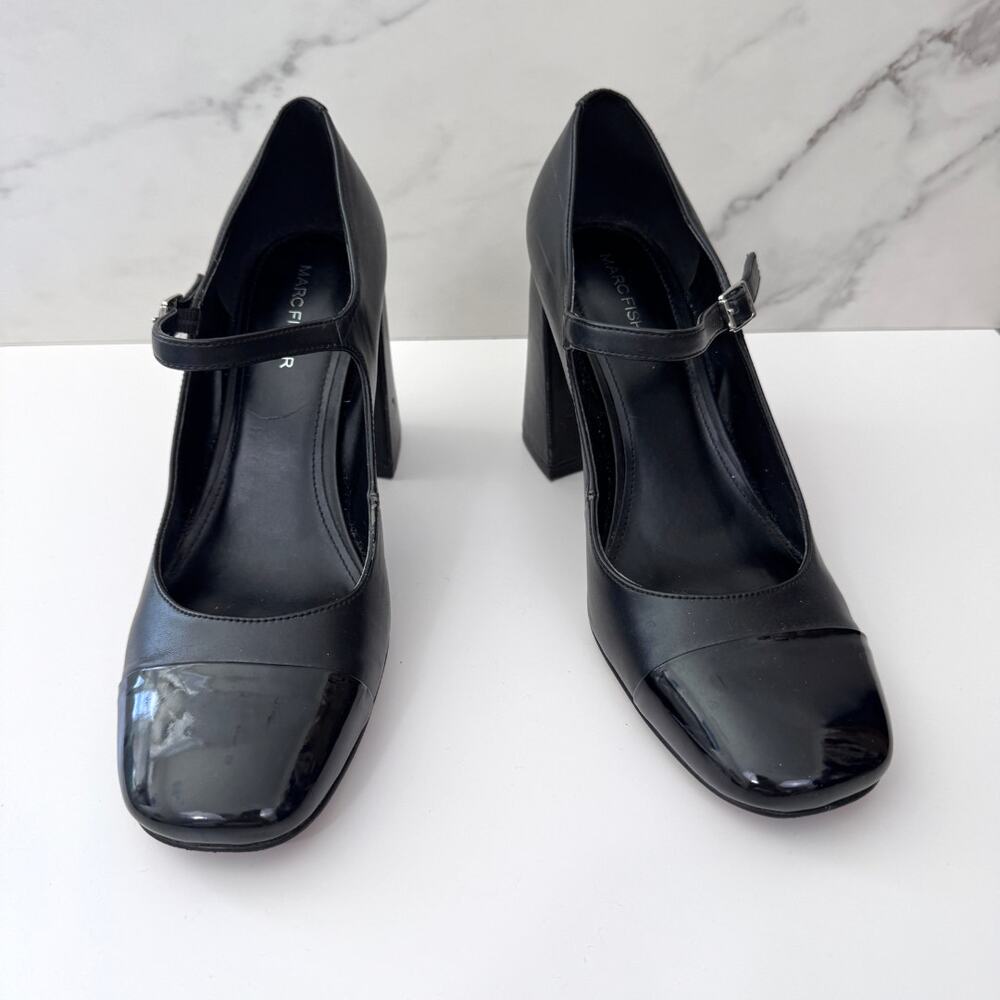 Marc Fisher Womens Charine Square Toe Mary Jane Shoe Heel Size 9.5 Vegan Black